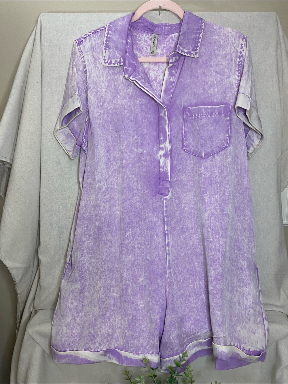 NWT ZENANA Tencel Lightweight Denim Romper with Pockets Lavender